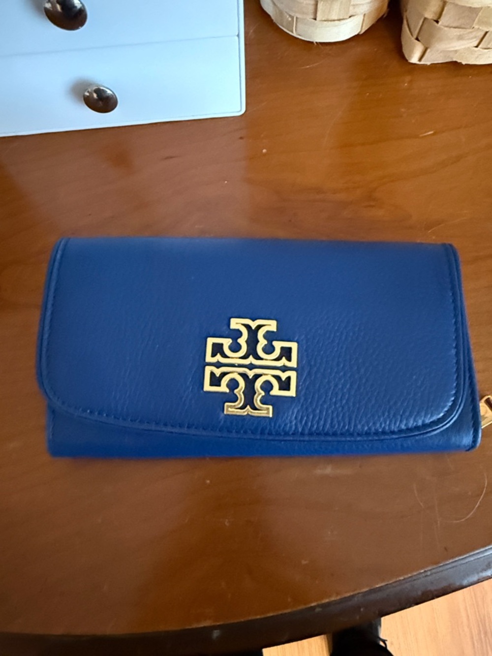 Tory Burch Blue Leather Wallet with Gold Logo
